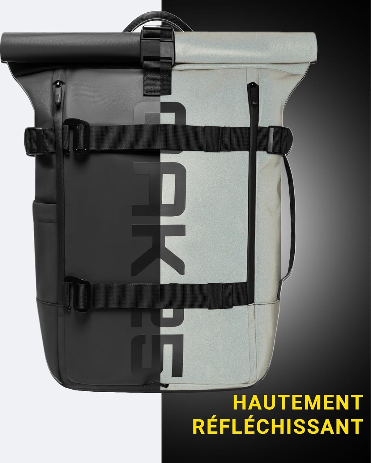 Sac à Dos Rolltop Réfléchissant Femmes & Hommes - Luminite Rolltop - Roll Top Backpack pour Travail Uni Vélo - Compartiment pour Ordinateur Portable - Daypack 23L Noir