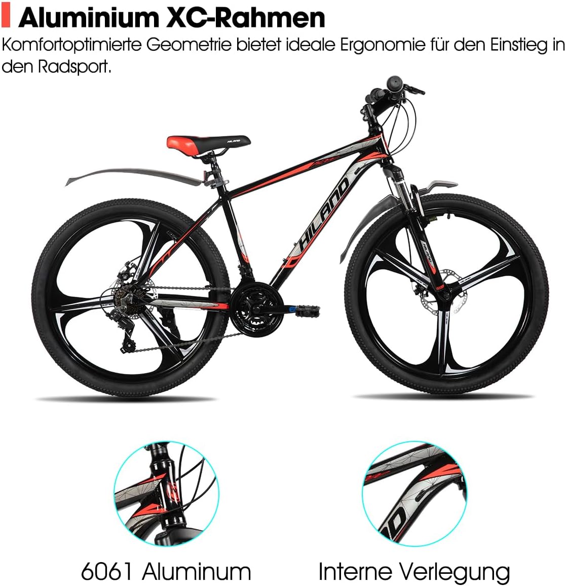 HILAND VTT 26 Pouces pour Adultes, 3/6 Roues à Rayons, 18 Vitesses, pour Homme et Femme, avec Double Frein à Disque, Cadre en Aluminium de 26 Pouces, Noir/Bleu/Orange/Blanc Noir - 3 rayons