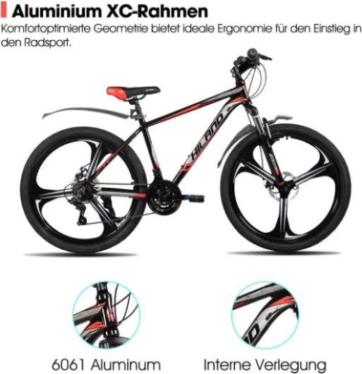 HILAND VTT 26 Pouces pour Adultes, 3/6 Roues à Rayons, 18 Vitesses, pour Homme et Femme, avec Double Frein à Disque, Cadre en Aluminium de 26 Pouces, Noir/Bleu/Orange/Blanc Noir - 3 rayons