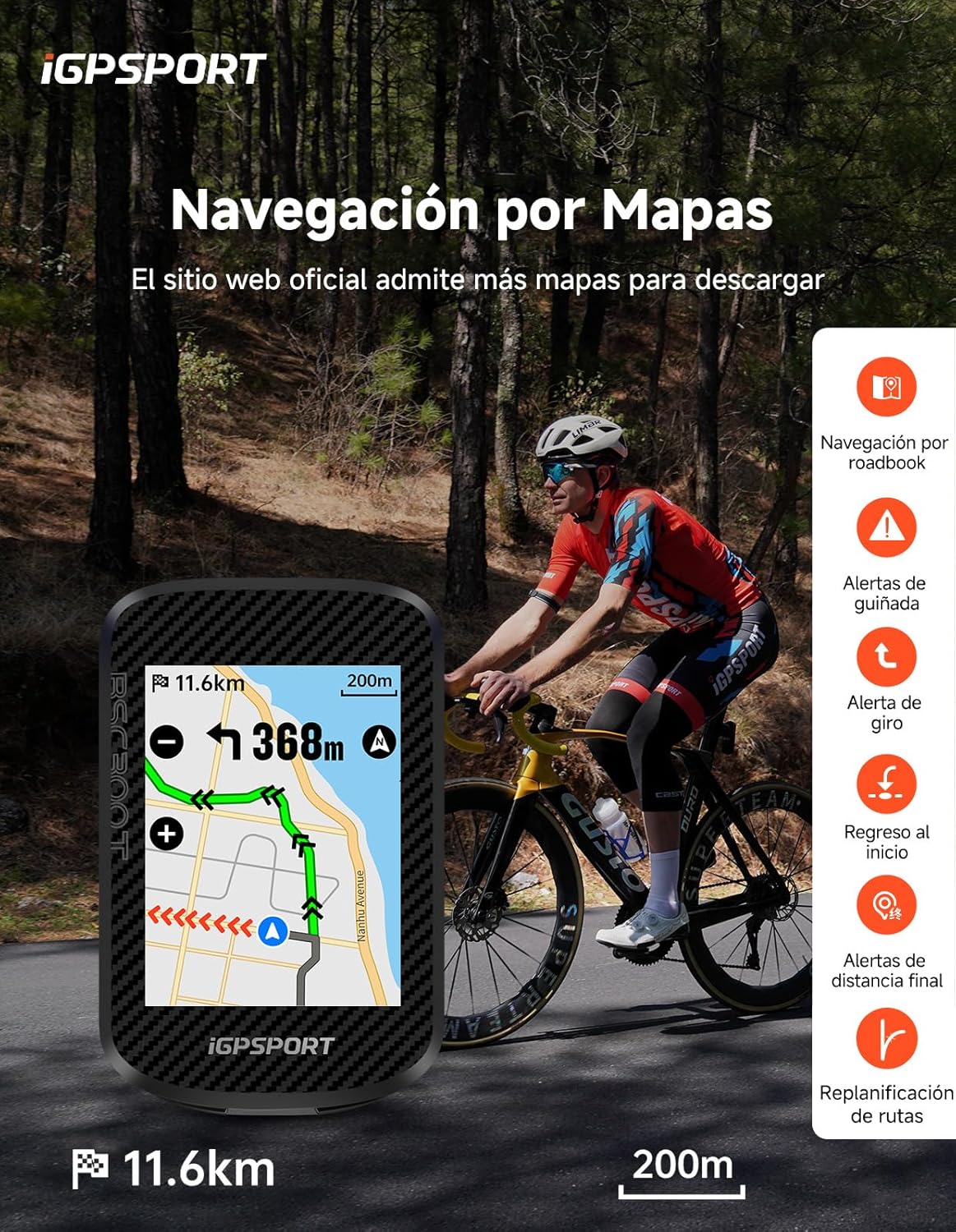 BSC300T Compteur Velo sans Fil, 2,4’’ Couleur Écran Tactile Map Navigation 8 Go de Mémoire 130 Données Compatible Vélos Assistance Électrique Connexion à E-Bike & Di2 Compteur Velo GPS