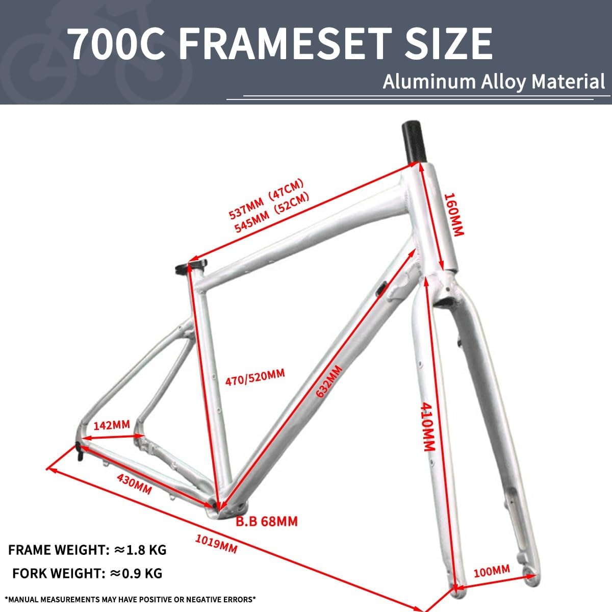 700c Frein À Disque À Traversant 12x142Mm Cadre Fourche Vélo Route Gravel Vélo Gravel Alliage D'aluminium Cadre Interne Câbles Largeurs Pneus 23-42C(Frame-52cm)