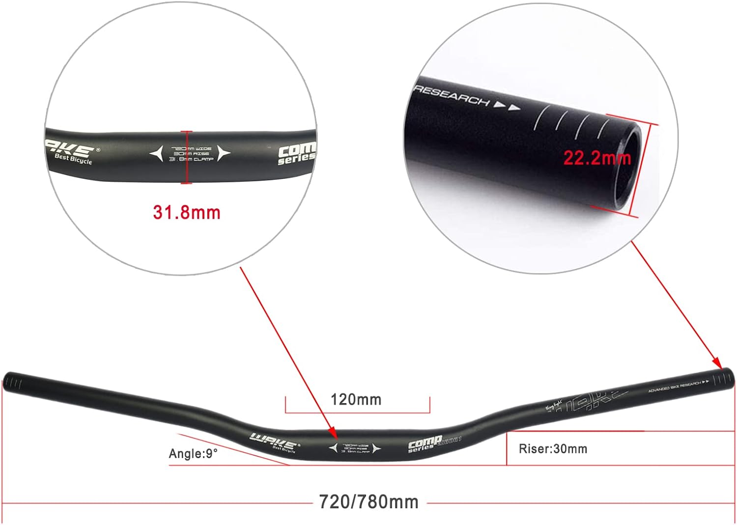Wake Guidon VTT Aluminium 780mm Cintre Relever Vélo 31.8mm Velo Riser Bar 22mm Noir Noir 780mm
