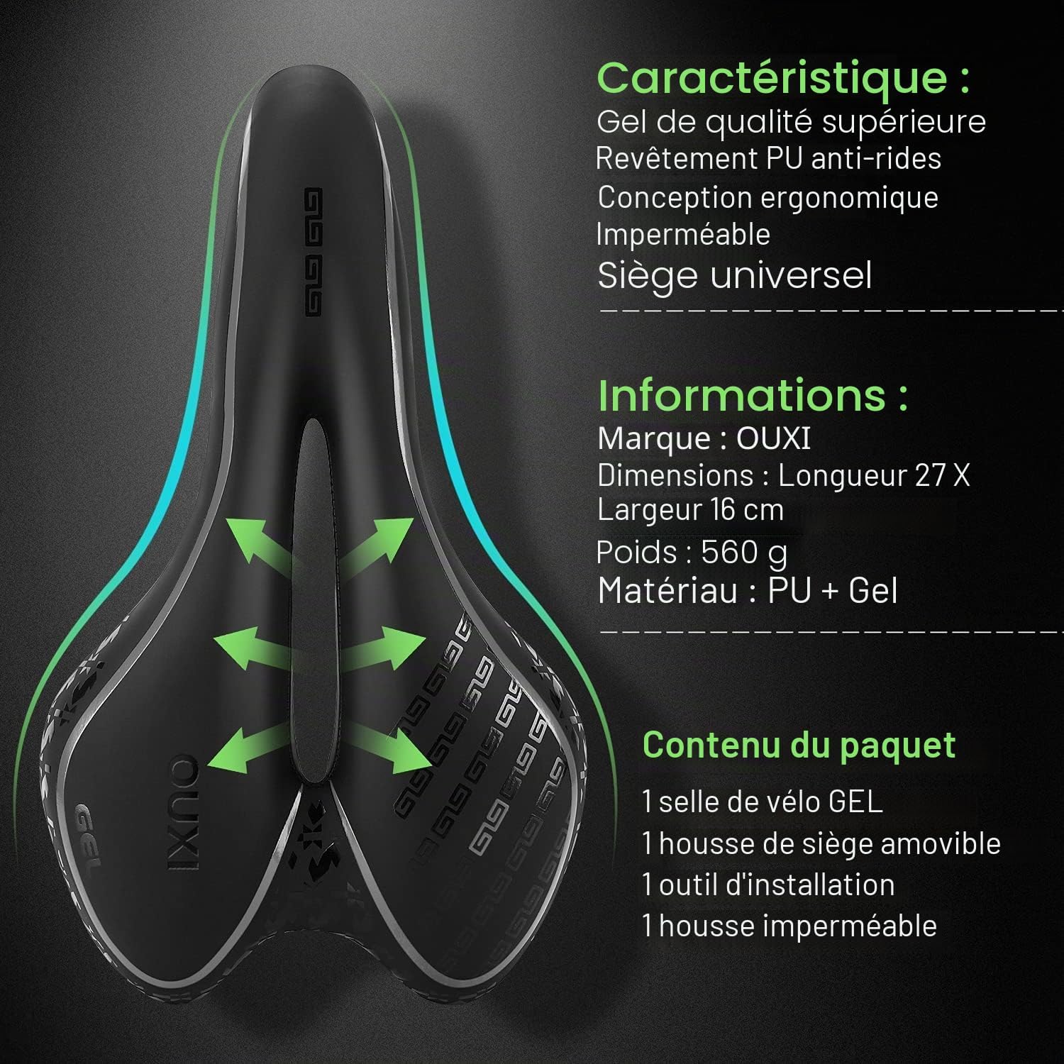 Selle de Vélo, Selle Velo Gel Ultra Confortable Ergonomique Imperméable Respirante Absorbant Les Chocs Creux Siège de Vélo pour Vélo VTT Vélo Route Vélo Ville Homme et Femme Taille unique Noir