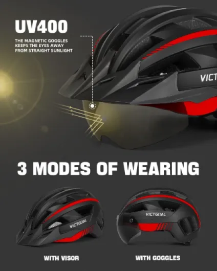 Casque Velo Casque VTT avec Lunettes de Sécurité Magnétiques Amovibles Visière Détachable Casque Léger pour Adultes Noir Rouge L: 57-61cm