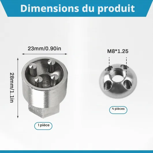 4 Pièces Écrous 1 Serrure M8 4 Trous Antivol Kit d'Écrous en Acier Inoxydable Antivol Écrou de Sécurité Antivol pour Tente de Toit Porte-Vélos Système Solaire