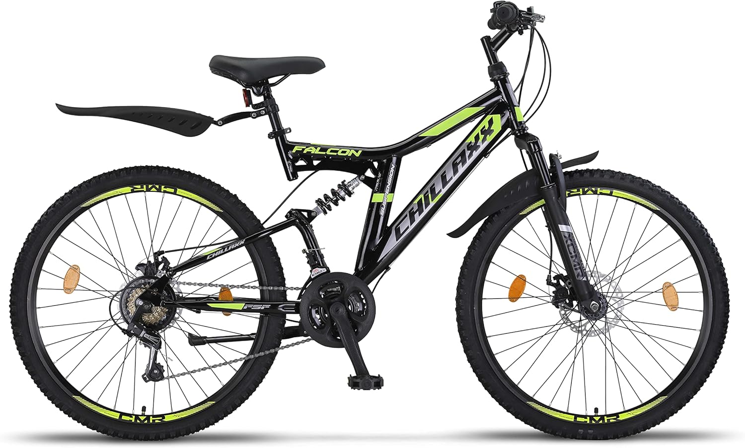 Chillaxx Falcon VTT de 24, 26, 27,5 et 29″, pour garçons, filles, femmes et hommes, frein à disque, dérailleur à 21 vitesses, suspension complète 26" Frein à disque noir/citron vert