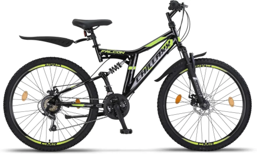 Chillaxx Falcon VTT de 24, 26, 27,5 et 29″, pour garçons, filles, femmes et hommes, frein à disque, dérailleur à 21 vitesses, suspension complète 26" Frein à disque noir/citron vert